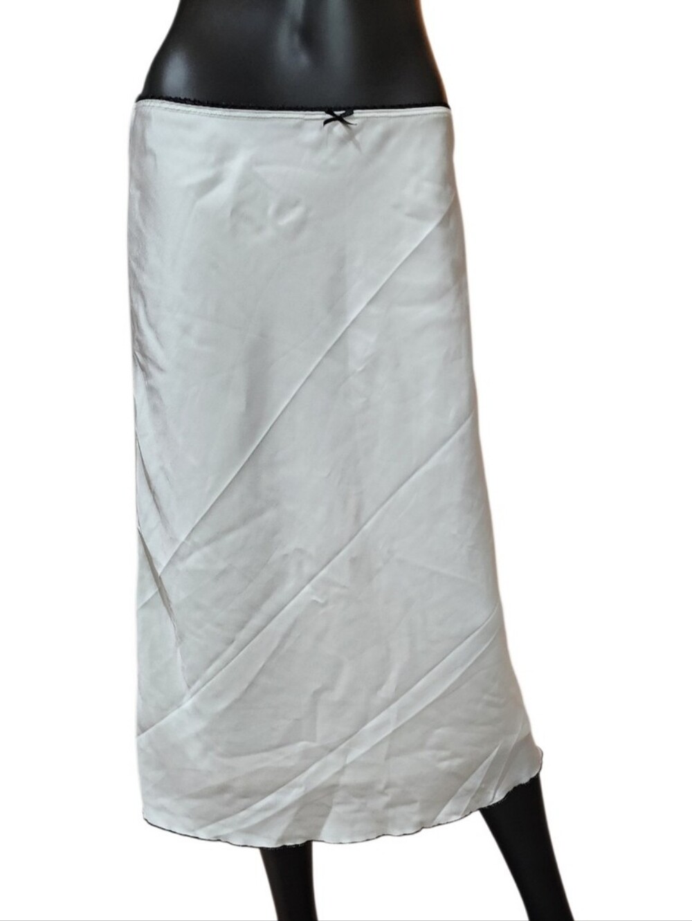 Vintage White Satin Midi Slip Skirt with Black Trim